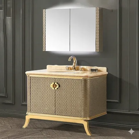 Tủ chậu Lavabo phong cách hoàng gia màu vàng