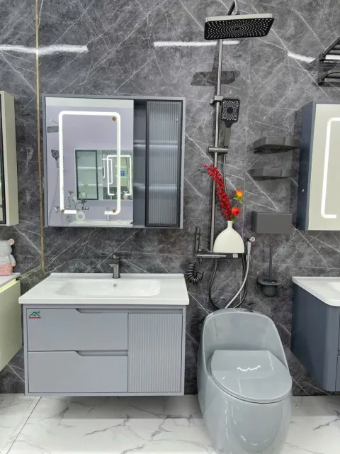 Bộ Tủ chậu lavabo cao cấp PVC chống nước màu xám size 80*48  (tc 12)