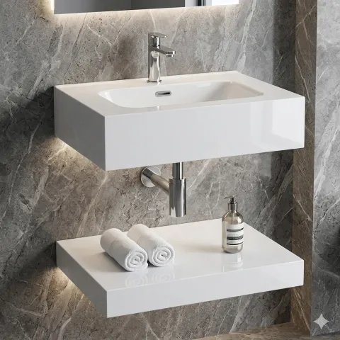 Bàn đá 2 tầng trắng bóng chống xước L26 size 60*45 cm