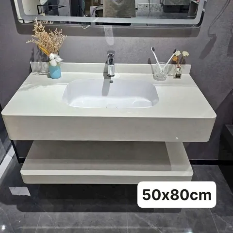Bàn đá 2 tầng bo góc size 80*50 màu trắng 