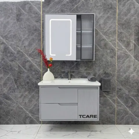 Bộ Tủ chậu lavabo cao cấp PVC chống nước màu xám size 80*48 TCARE TC-0012