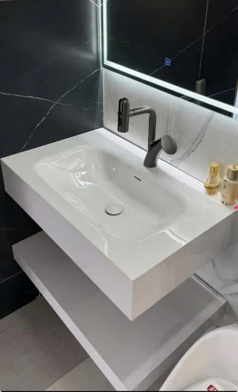 Bàn đá đúc liền khối 2 tầng màu trắng size 80*50 cm