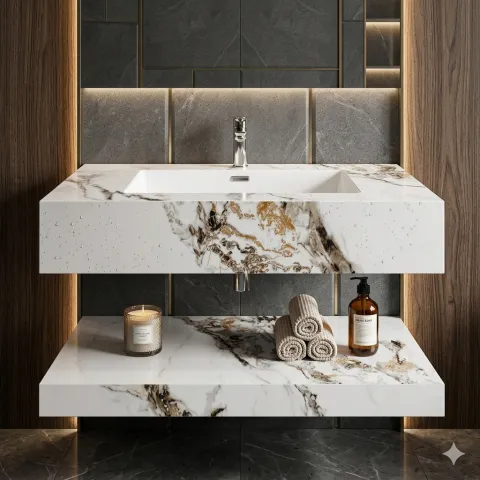 Bàn đá 2 tầng vân đá chống xước L25 size 80*50 cm