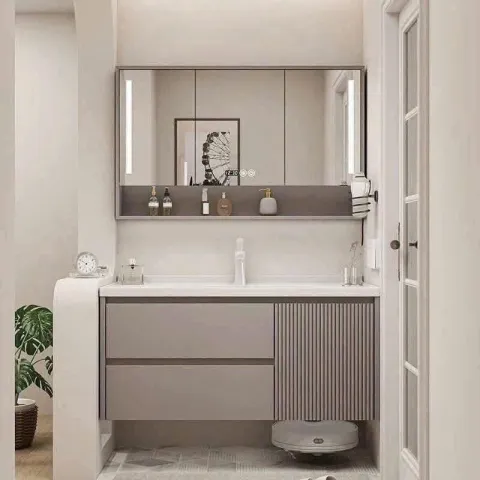 Bộ Tủ chậu lavabo cao cấp PVC chống nước  màu nâu đất size 80*48 (TC02)