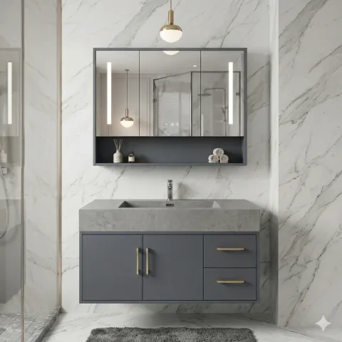 Bộ Tủ chậu lavabo cao cấp PVC chống nước màu xám  size 80*48 TCARE TC- 0015