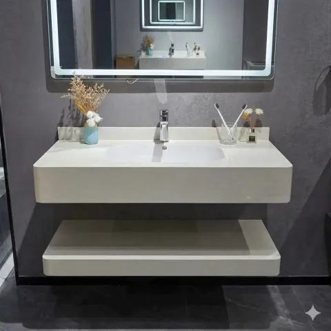 Bàn đá 2 tầng bo góc size 80*50 màu trắng 