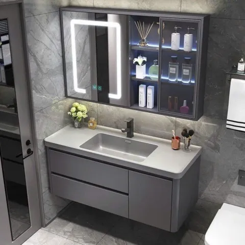 Bộ Tủ chậu lavabo cao cấp PVC chống nước màu xám bo cong size 80*48