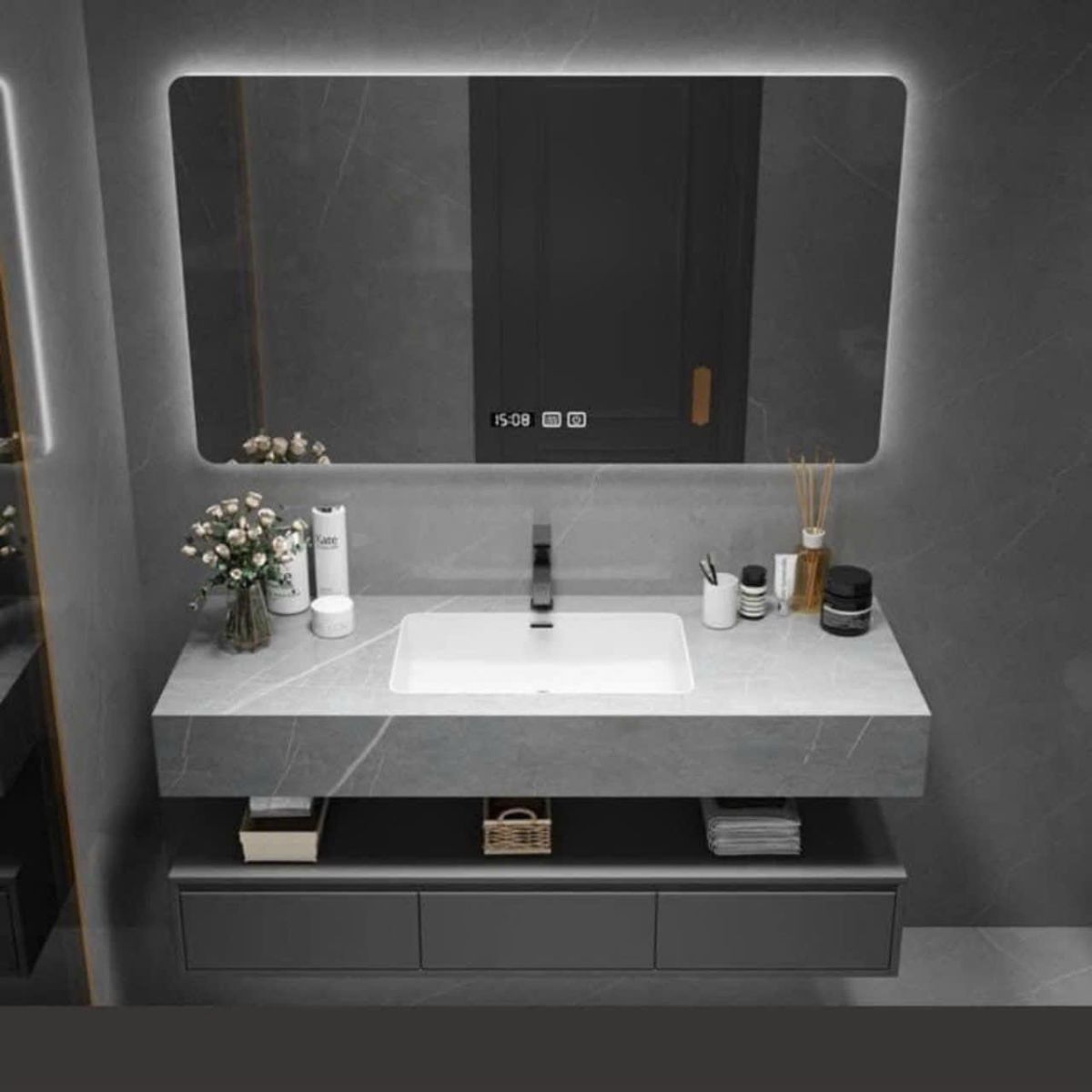 Bộ Tủ chậu lavabo cao cấp PVC chống nước màu xám size 80*48  (tc 13)
