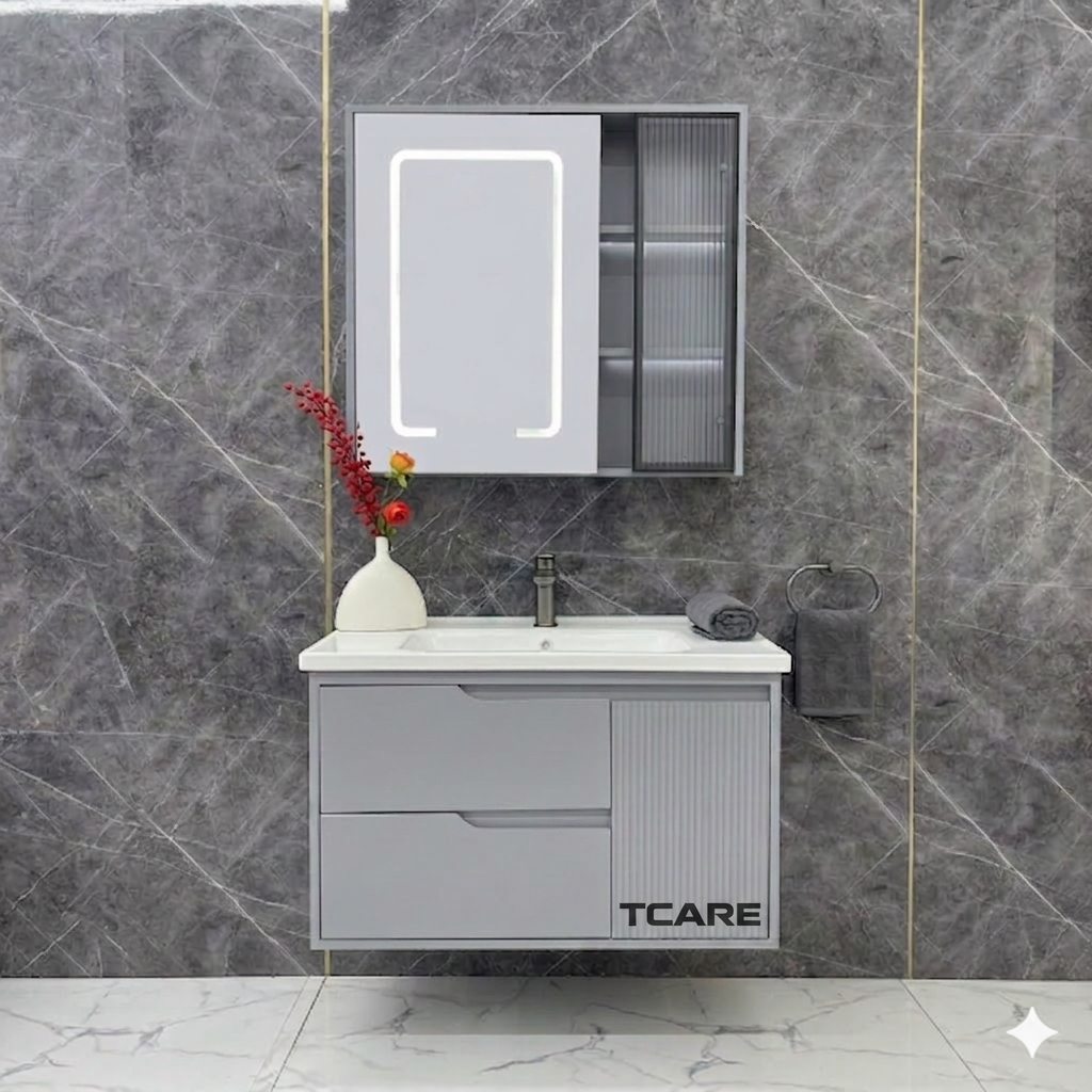 Bộ Tủ chậu lavabo cao cấp PVC chống nước màu xám size 80*48 TCARE TC-0012