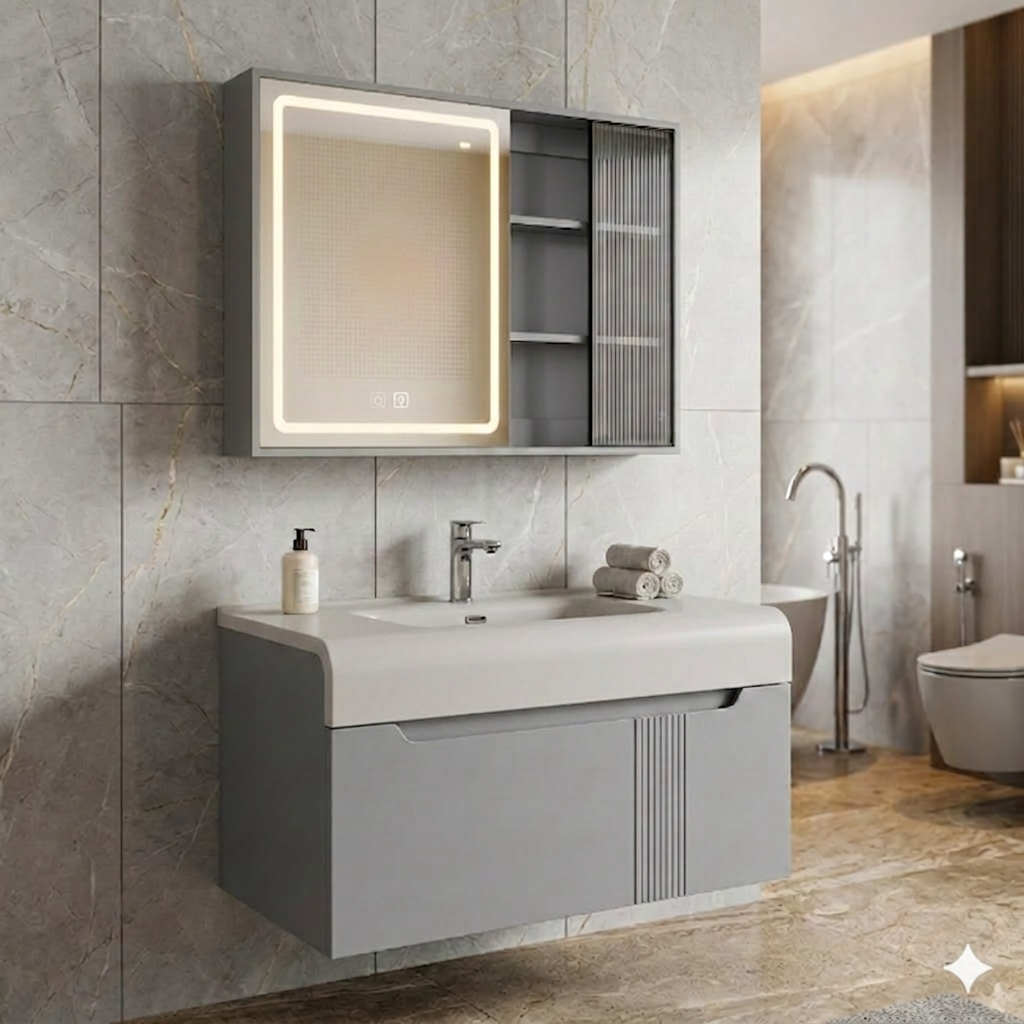 Bộ Tủ chậu lavabo cao cấp PVC chống nước màu xám  size 80*48 TCARE TC-0014