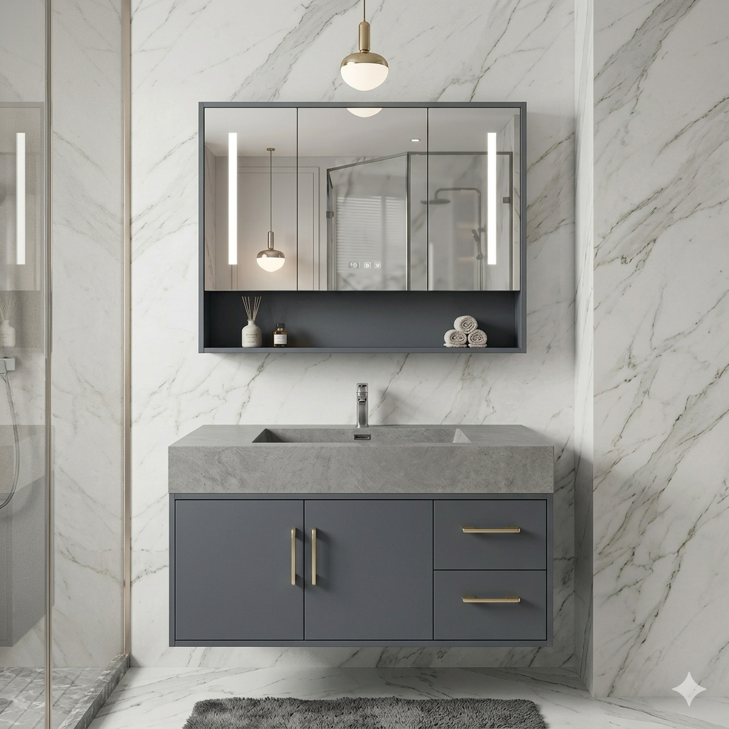 Bộ Tủ chậu lavabo cao cấp PVC chống nước màu xám  size 80*48 TCARE TC- 0015